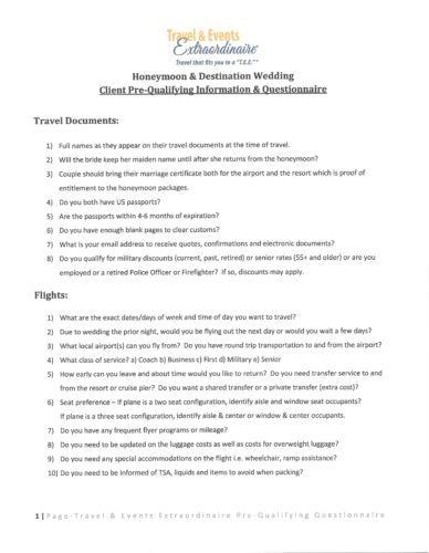 TEE Pre-Qualifying Client & Questionnaire for Destination Weddings & Honeymoons
